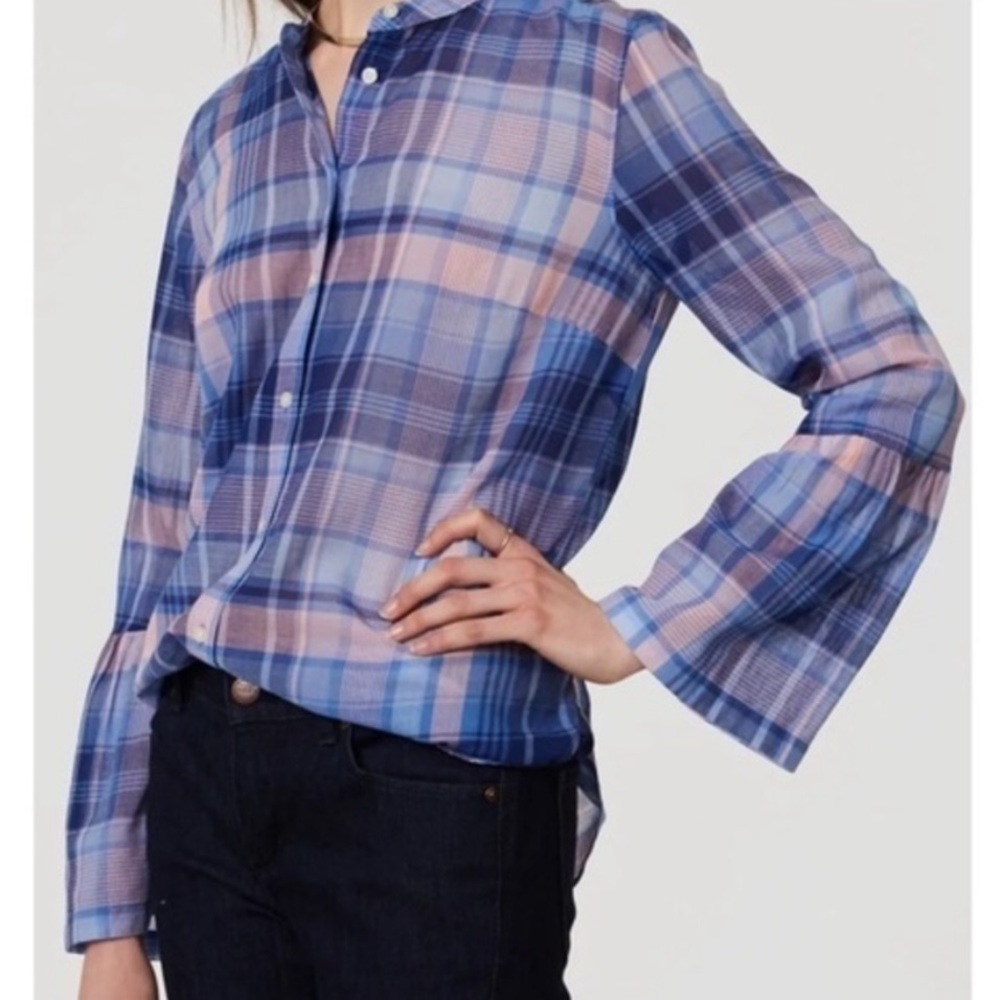 LOFT Blouse Plaid Madras Bell Sleeve Blue Pink Cotton Long Sleeve Shirt XS